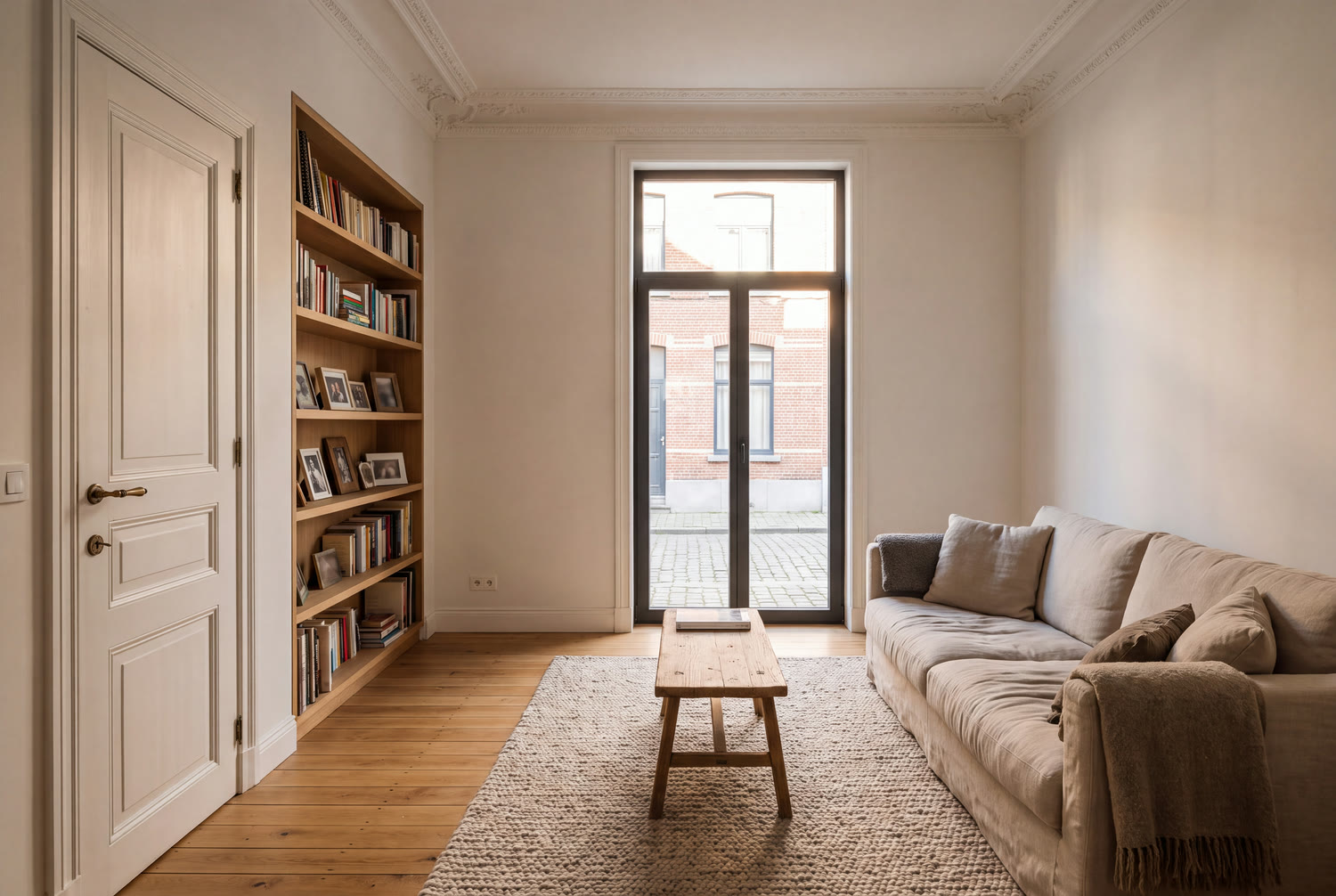 Séjour rénové d'une maison d'Anderlecht avec bibliothèque sur mesure et plancher restauré