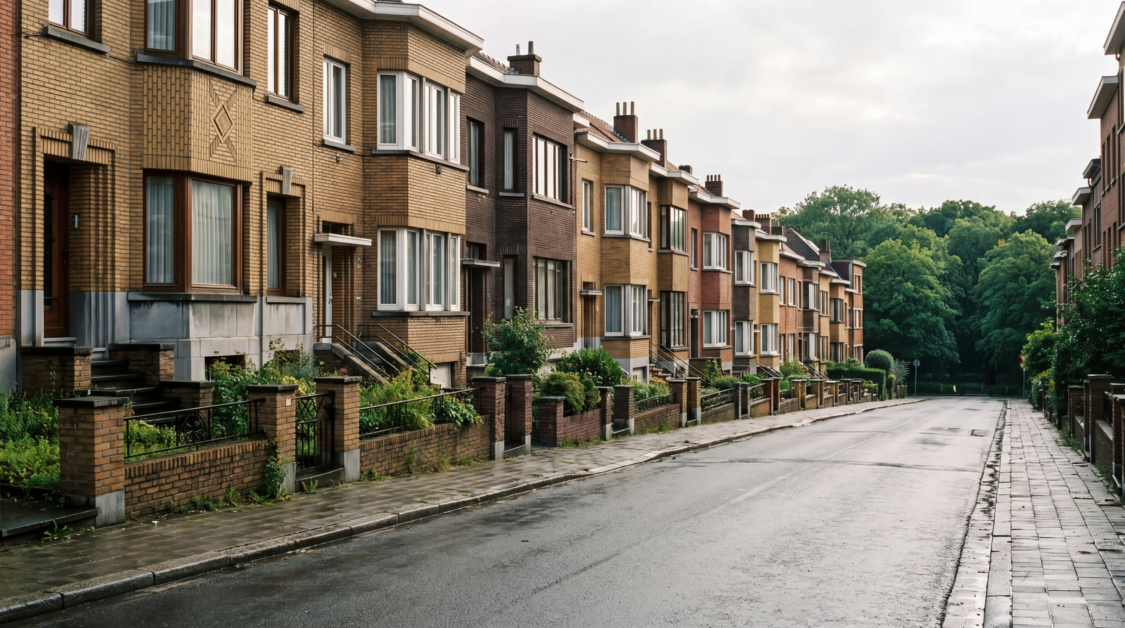Rue en pente de Forest bordée de maisons de brique des années trente, avec le parc Duden au fond