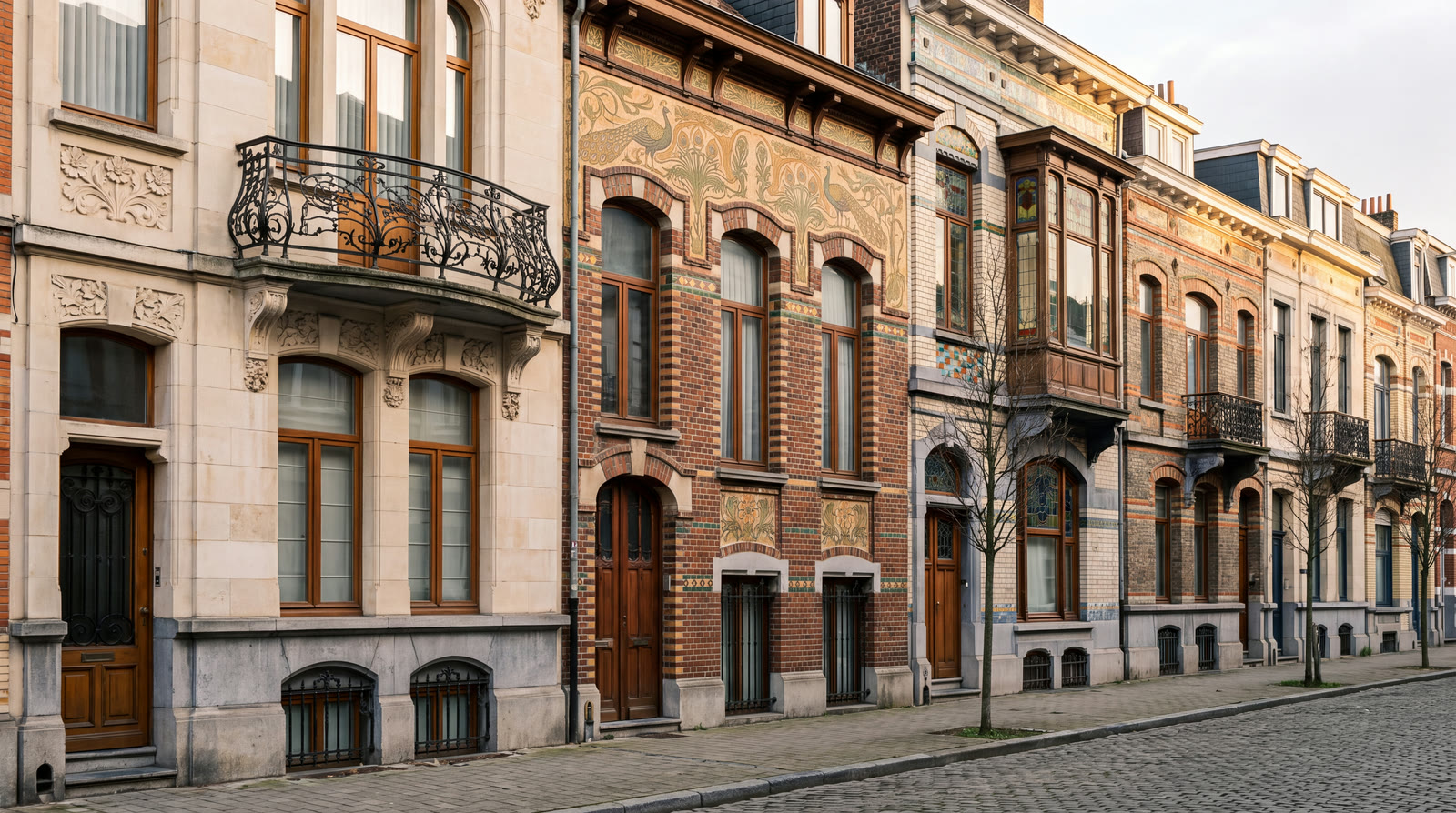 Rue de Saint-Gilles bordée de façades Art nouveau ornées de sgraffites