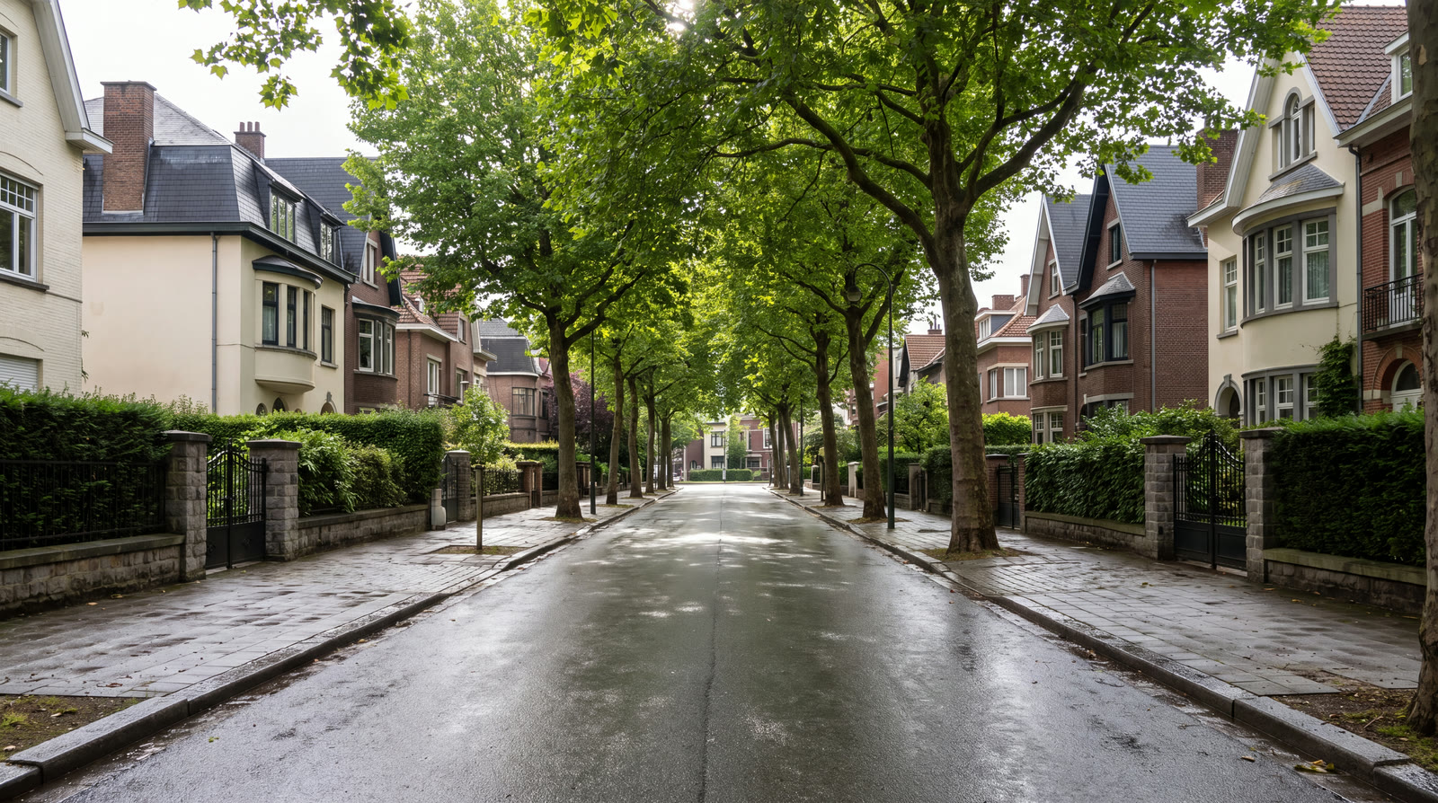 Avenue résidentielle d'Uccle bordée de villas et de grands arbres