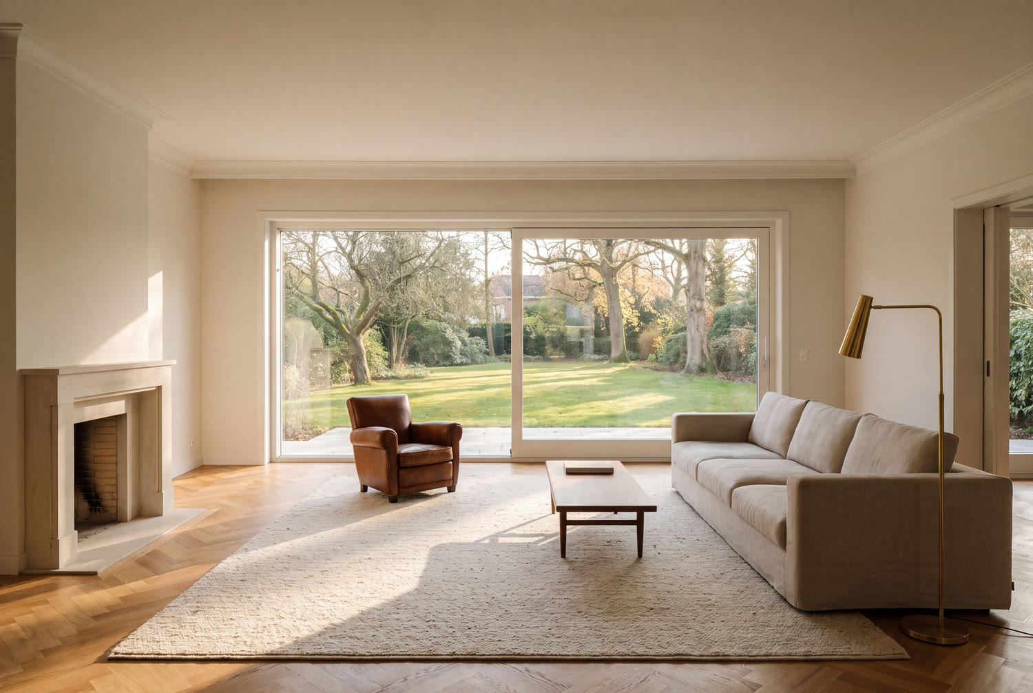Séjour rénové d'une villa d'Uccle avec baie coulissante sur le jardin et parquet en point de Hongrie