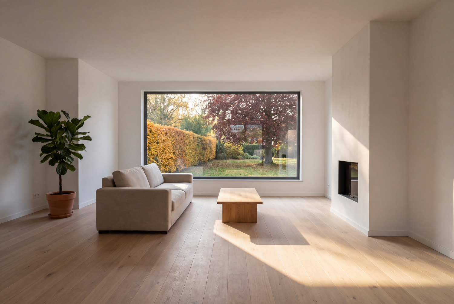 Séjour rénové d'une villa de Waterloo avec baie vitrée sur un jardin d'automne