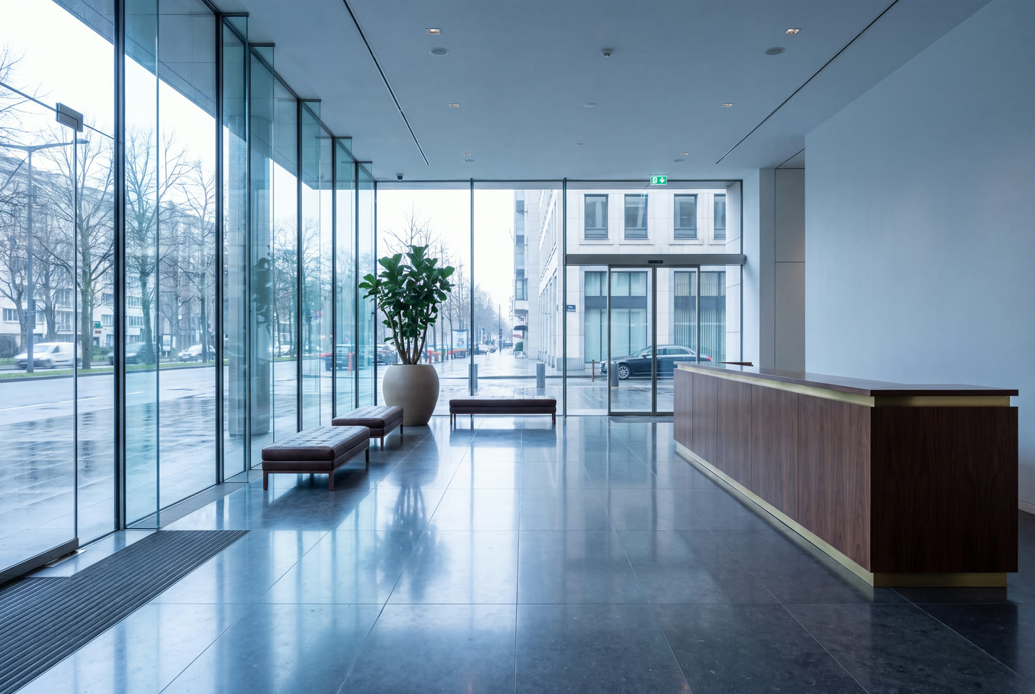 Reception hall of an avenue Louise office building, bluestone floor and glazing without marks