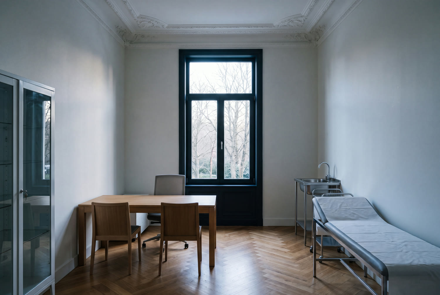 Spotless medical practice at daybreak in Uccle, herringbone parquet and a cleared table
