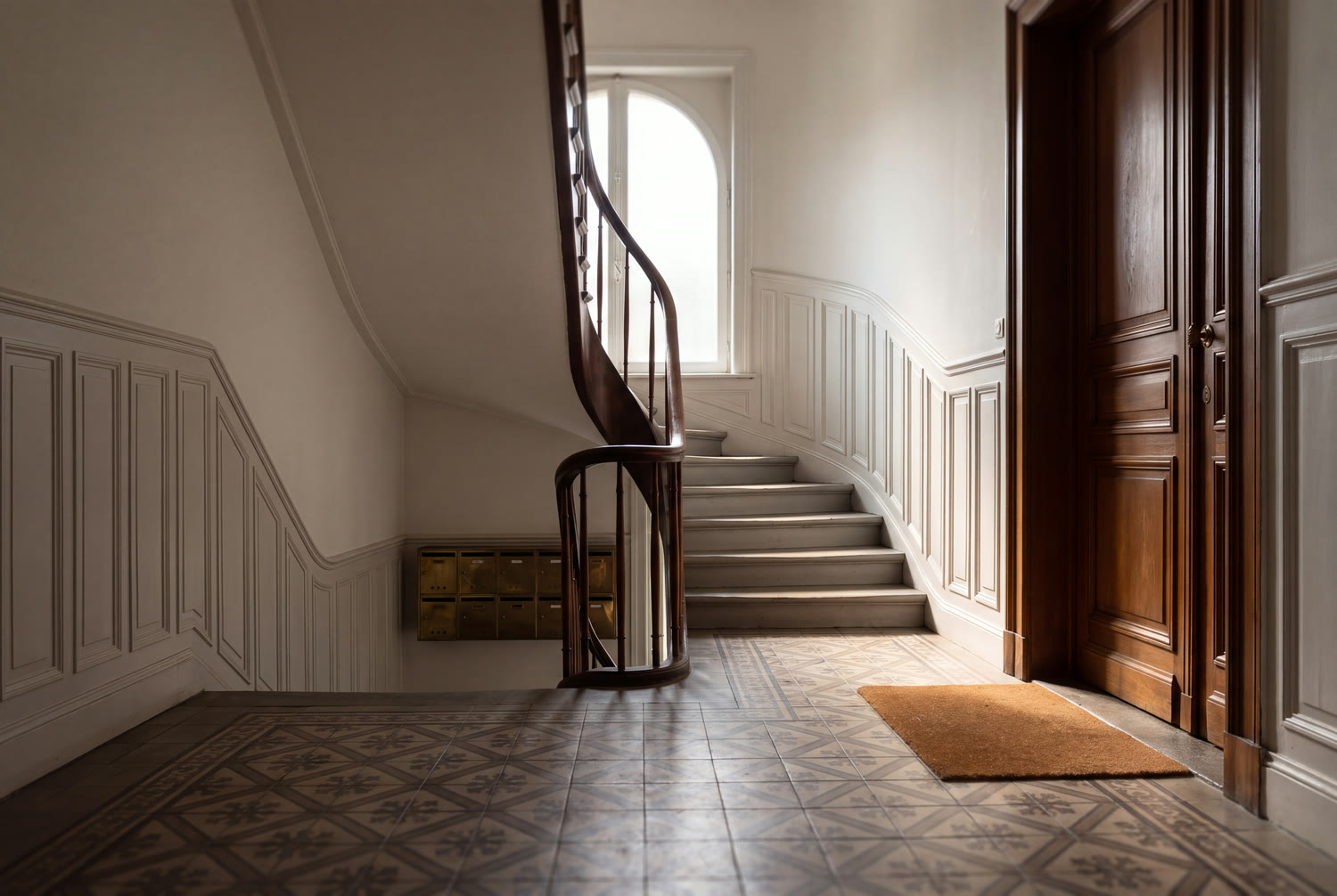 Common hall of an Uccle apartment building, cement tiles washed and a wooden handrail
