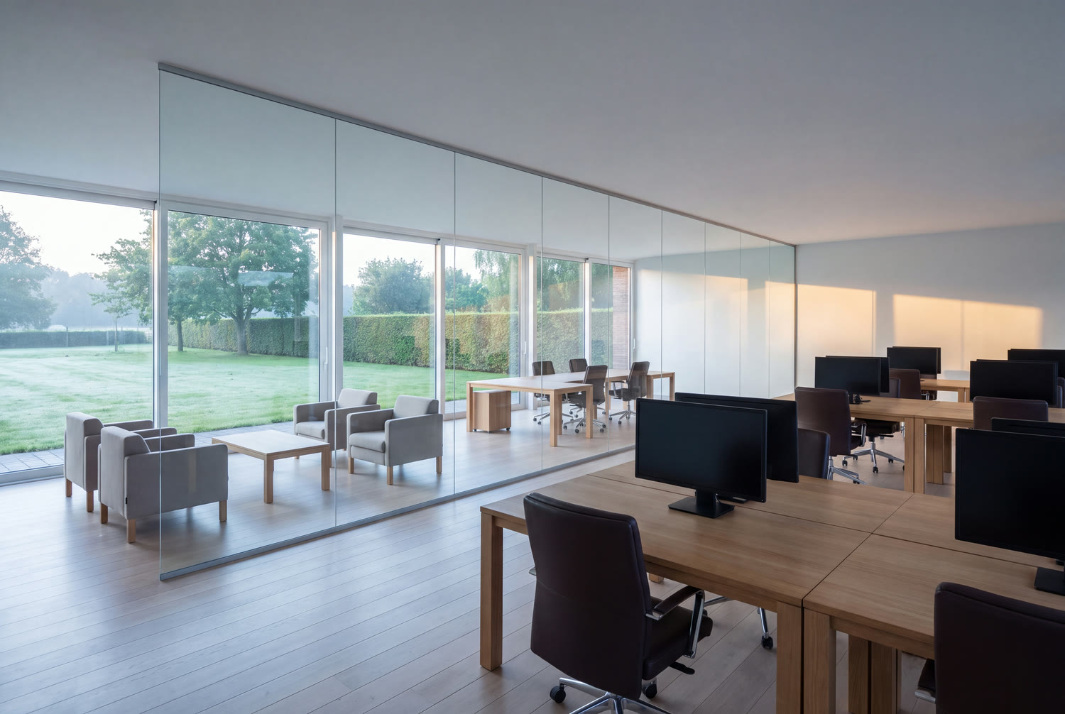 Spotless office at daybreak in Waterloo, surfaces cleared and meeting corner tidy