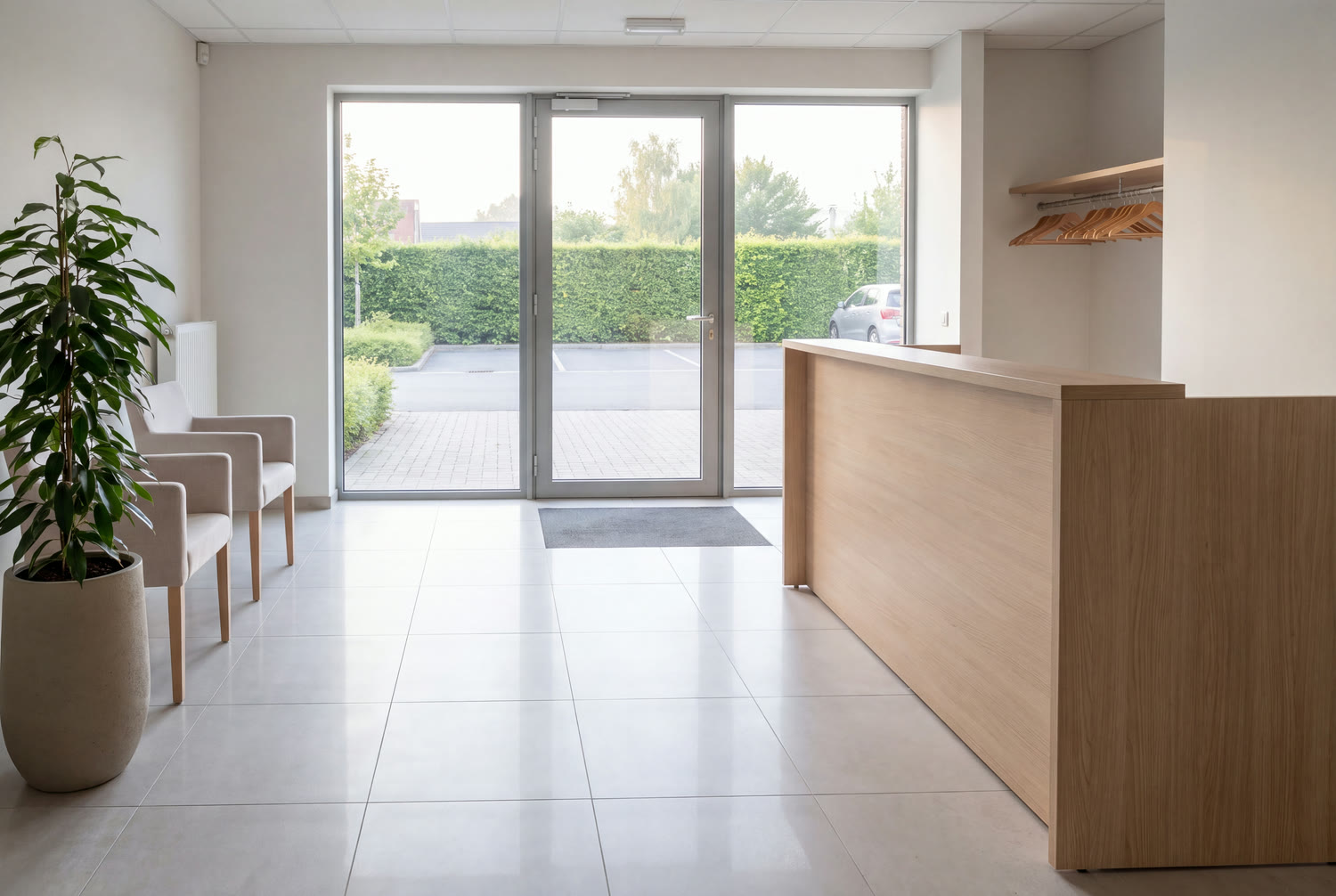 Reception of a Waterloo office, counter cleared and glass door without marks