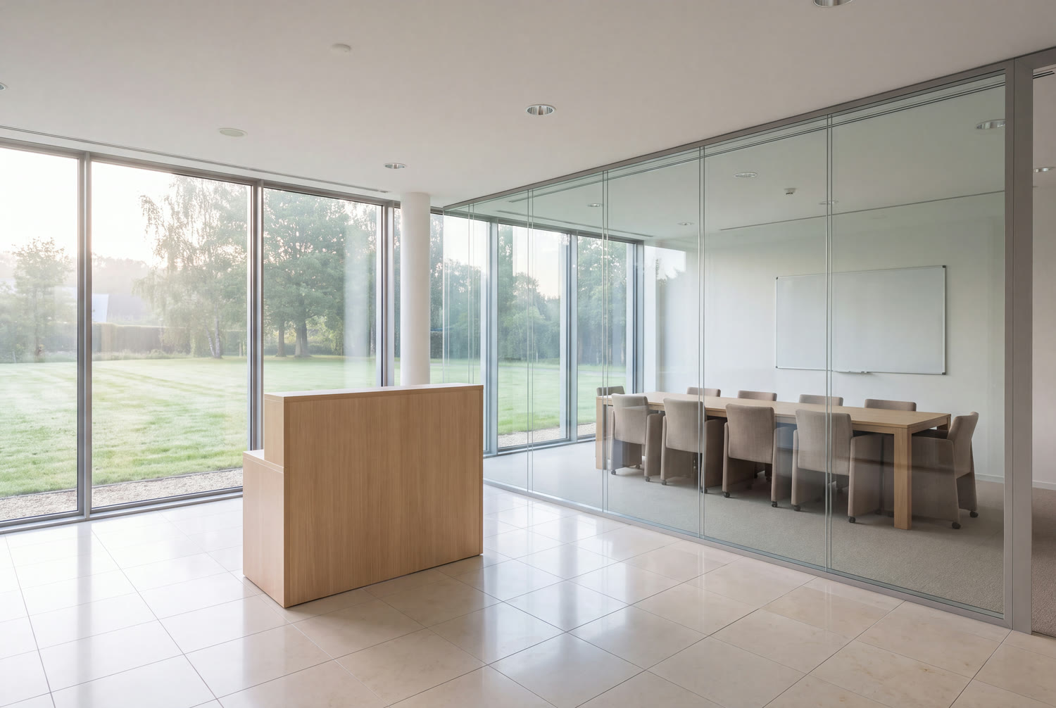 Reception and glazed meeting room of a Wavre business park building, spotless pale tiling