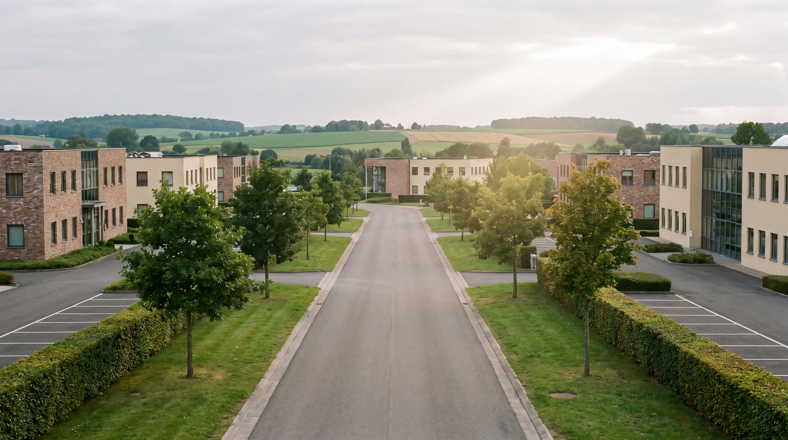 Road through a Wavre activity park lined with low buildings and clipped hedges