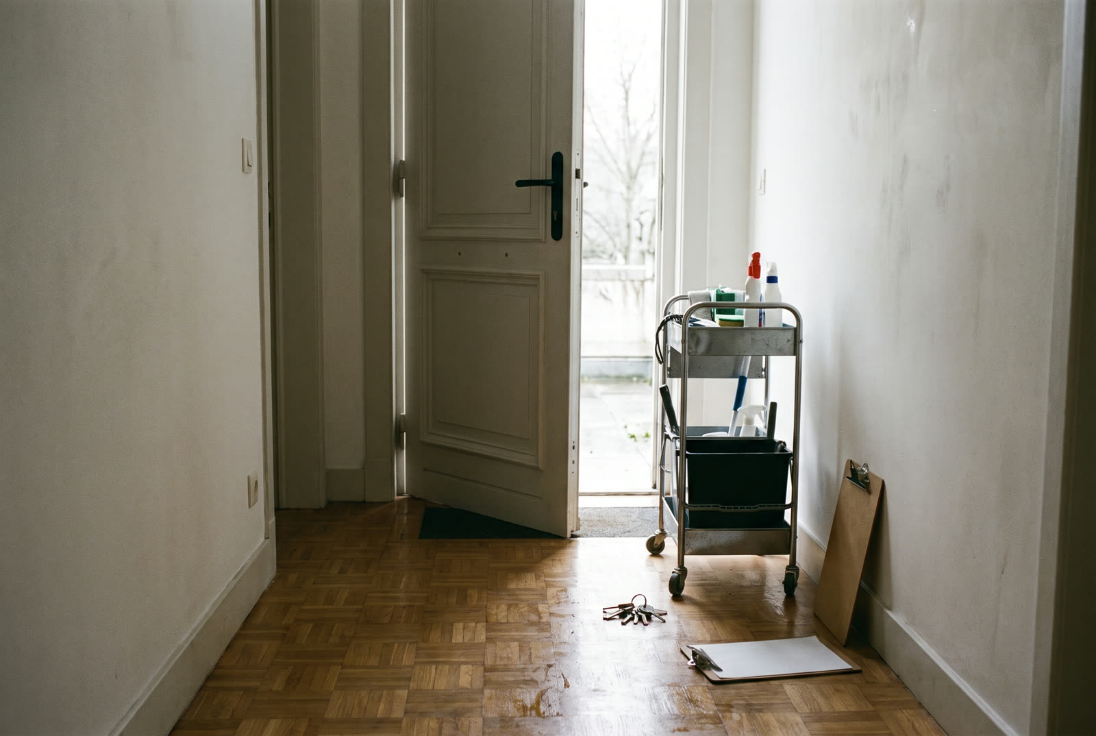 Hall d'un appartement vidé en fin de bail, chariot de nettoyage et trousseau de clés