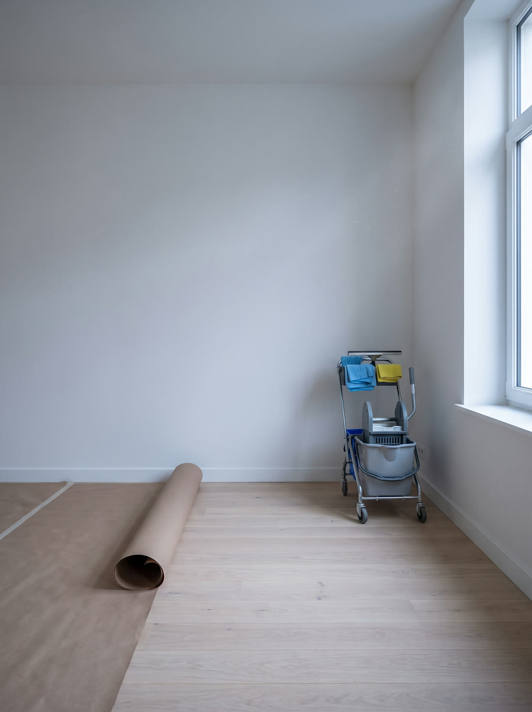 Pièce rénovée en fin de chantier, protection de sol enroulée et chariot de nettoyage