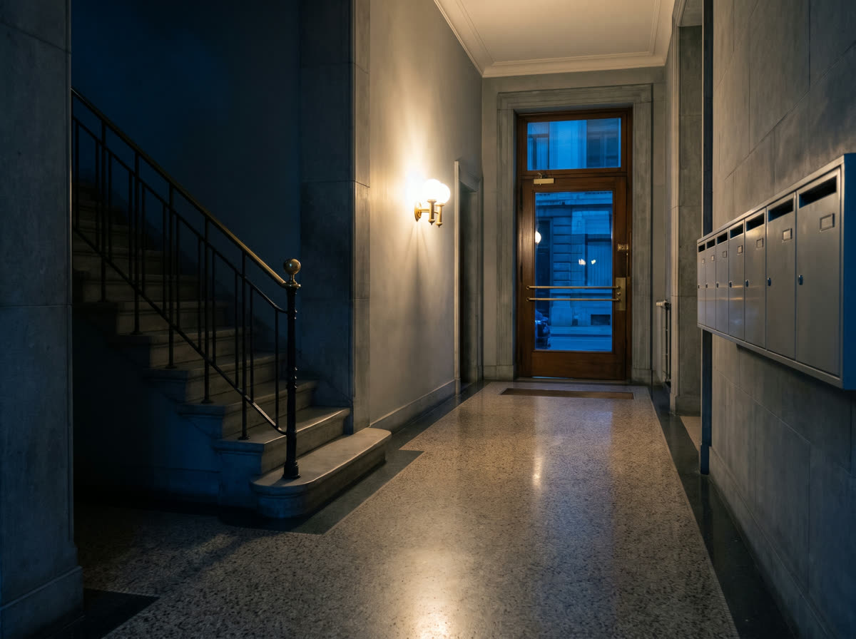 Hall d'entrée d'immeuble bruxellois au sol en terrazzo poli
