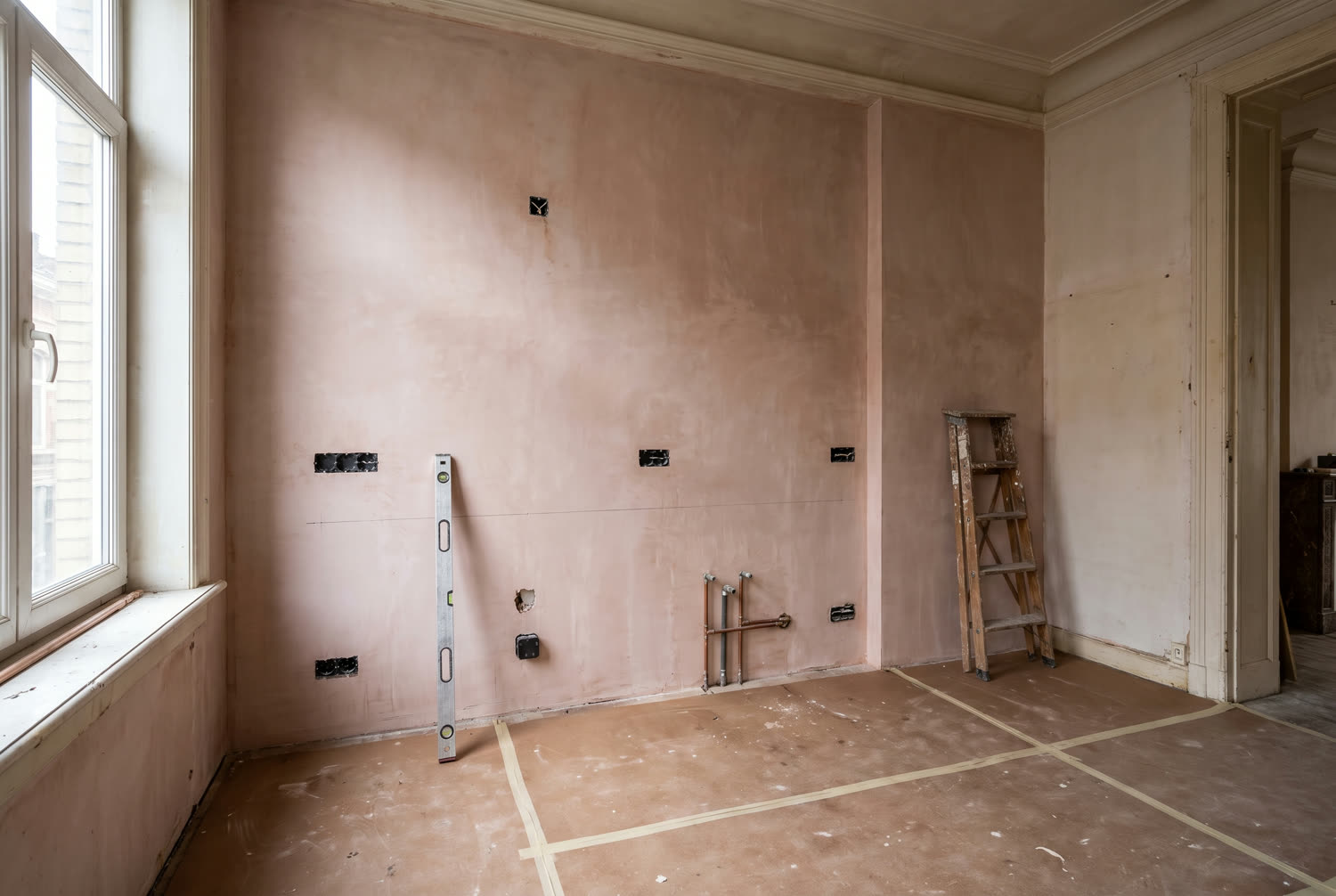 Cuisine en cours de rénovation, points électriques et arrivées d'eau positionnés dans le mur avant enduit