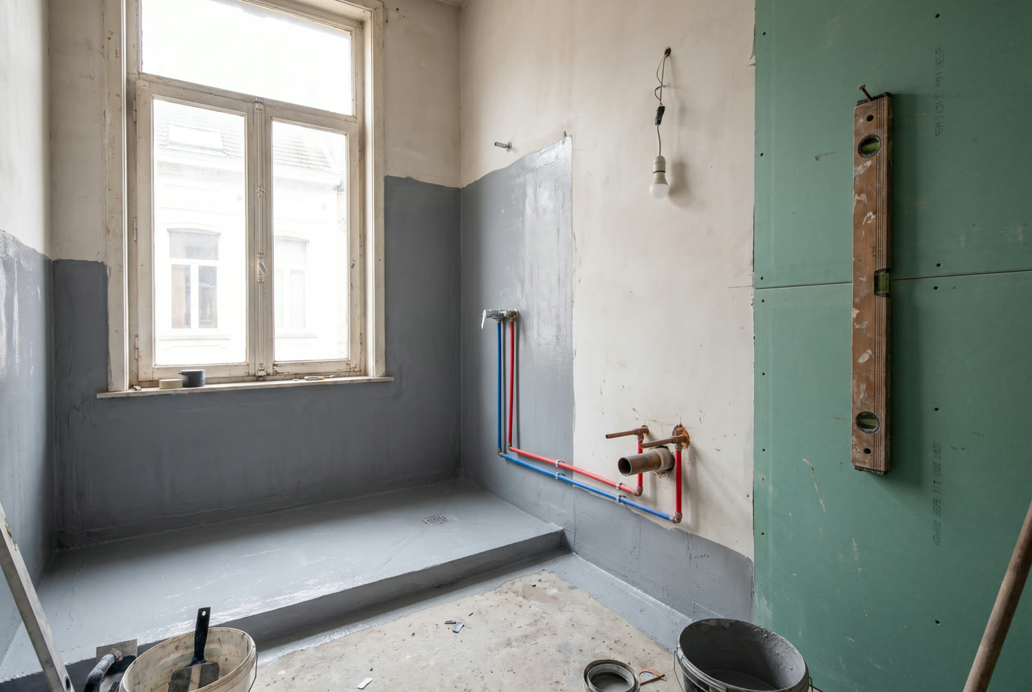 Salle de bain en cours de rénovation, natte d'étanchéité au sol et sur les murs de la douche avant carrelage