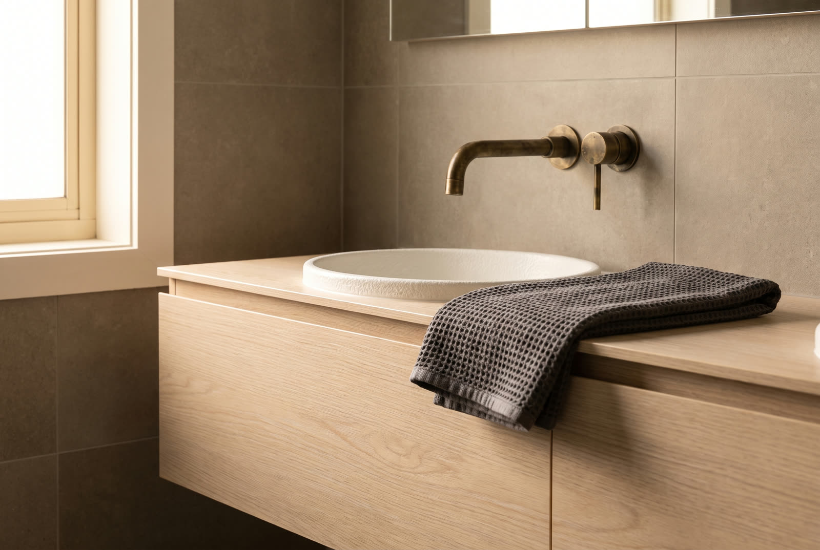 Détail d'une salle de bain rénovée, mitigeur laiton, meuble en chêne et serviette pliée